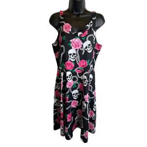 Tropian Rose Skull Skater Dress Whimsygoth Dark Fairy Rockabilly Sleeveless LG